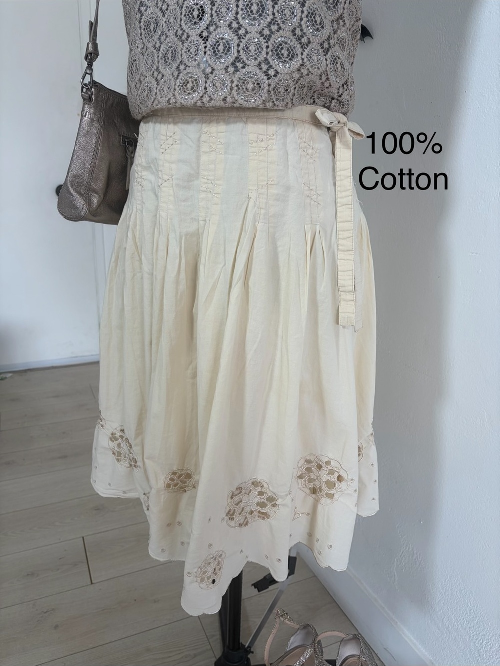 Twenty One Cream Cotton Embroidered Beaded Midi Skirt Size L